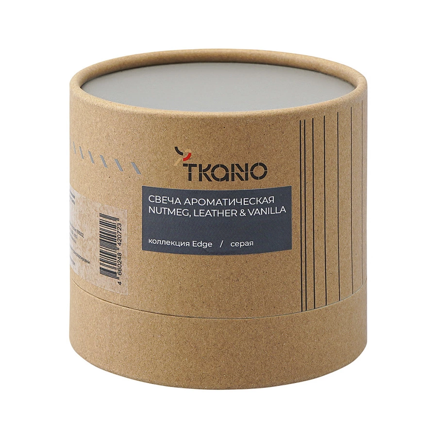 Свеча ароматическая с деревянным фитилём Tkano Edge Nutmeg, Leather & Vanilla, 60 часов, серая