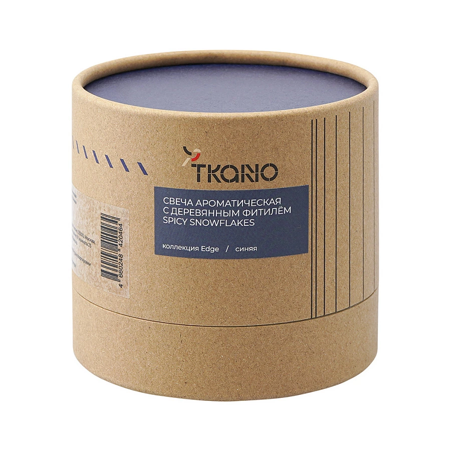 Свеча ароматическая с деревянным фитилём Tkano Edge Spicy Snowflakes, 60 часов, синяя