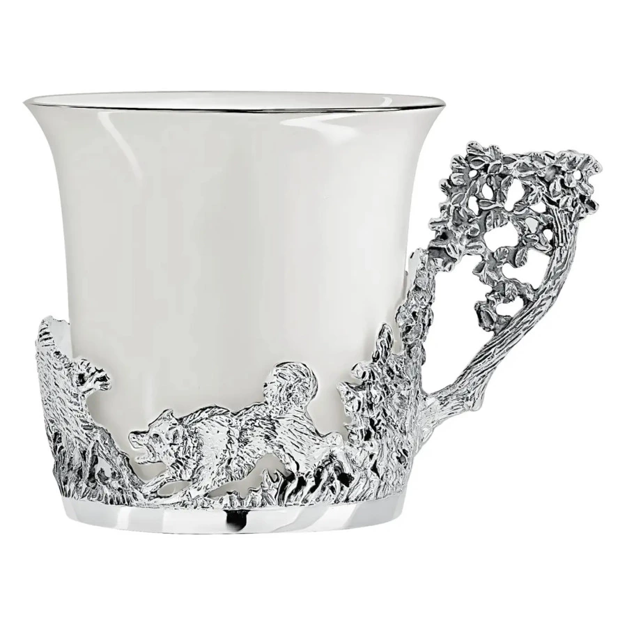 Набор кофейный в футляре АргентА серебро 925 и Фарфор Охотничьи 349,95 г, 12 предметов, серебро 925