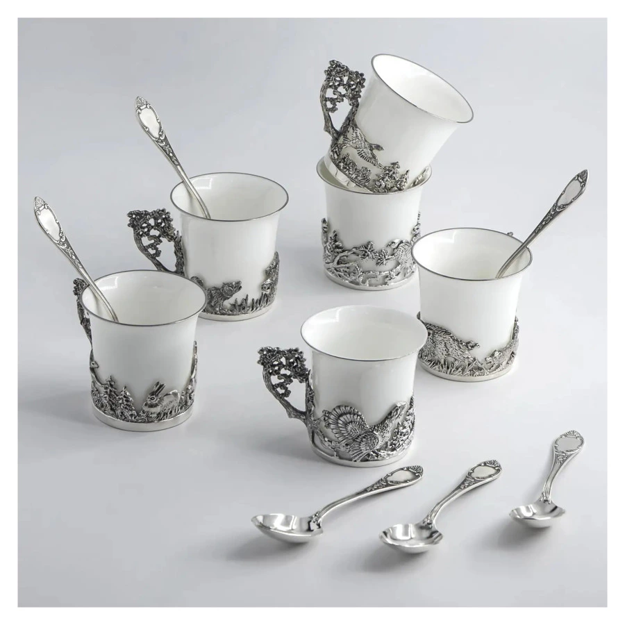 Набор кофейный в футляре АргентА серебро 925 и Фарфор Охотничьи 349,95 г, 12 предметов, серебро 925