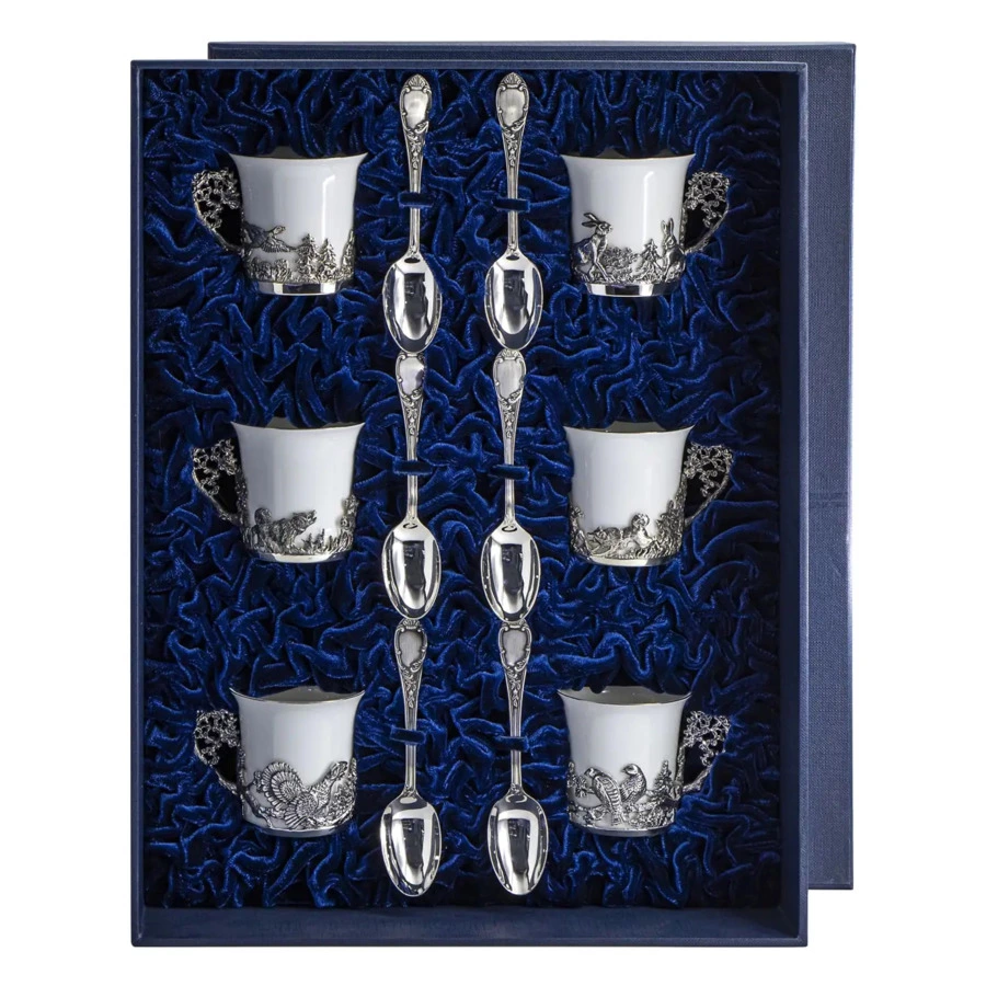 Набор кофейный в футляре АргентА серебро 925 и Фарфор Охотничьи 349,95 г, 12 предметов, серебро 925