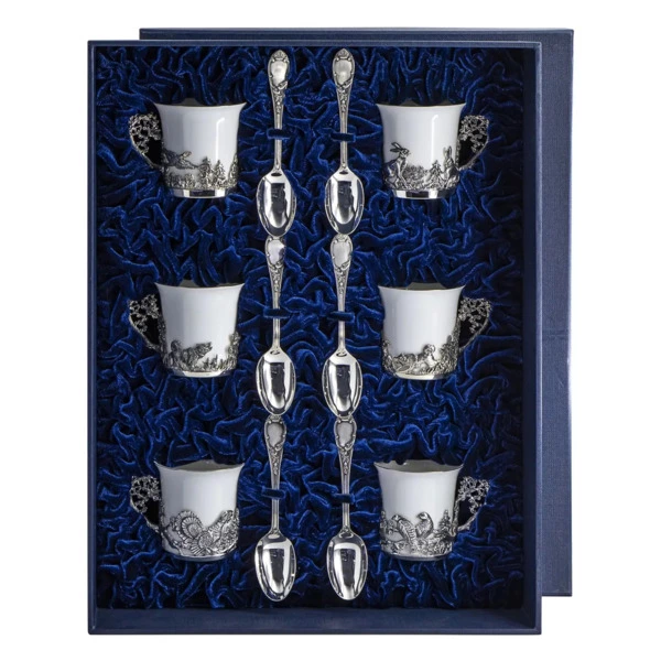 Набор кофейный в футляре АргентА серебро 925 и Фарфор Охотничьи 349,95 г, 12 предметов, серебро 925