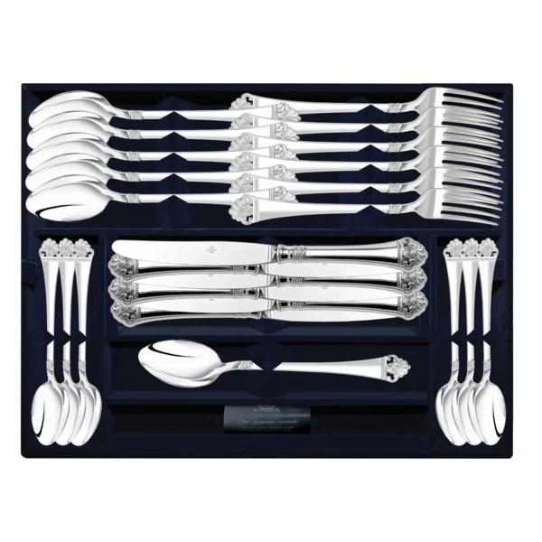 Набор столовых приборов в футляре АргентА Афина 1434,61 г, на 6 персон 24 предмета, серебро 925