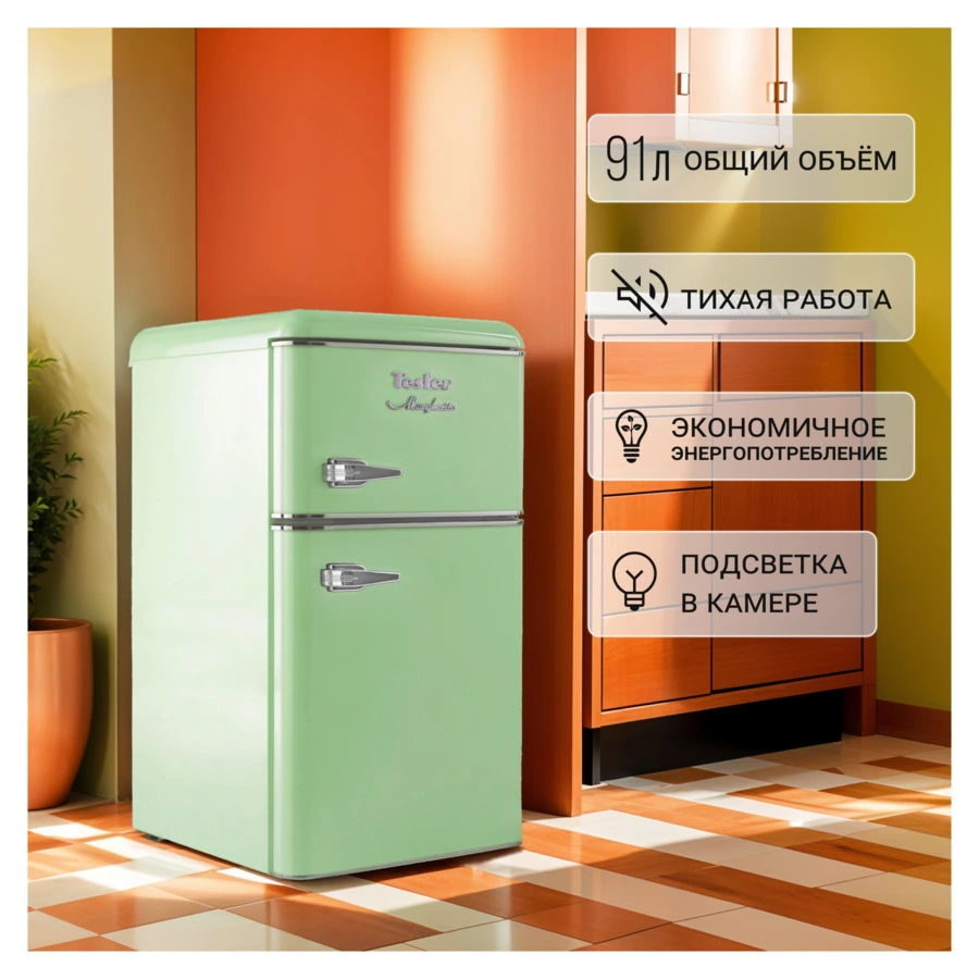 Холодильник двухкамерный TESLER RT-97 GREEN 90 л, 48,6х52х88,9 см, класс А+, зеленый