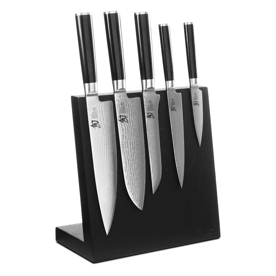 Набор 5 дамасских ножей KAI Шан Классик на магнитной подставке, черный дуб, п/к