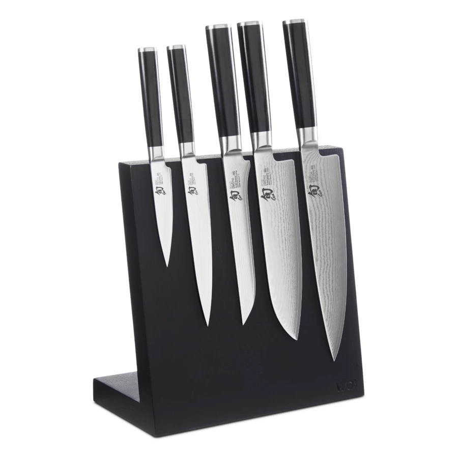 Набор 5 дамасских ножей KAI Шан Классик на магнитной подставке, черный дуб, п/к