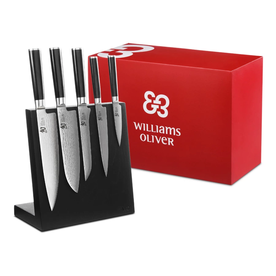 Набор 5 дамасских ножей KAI Шан Классик на магнитной подставке, черный дуб, п/к