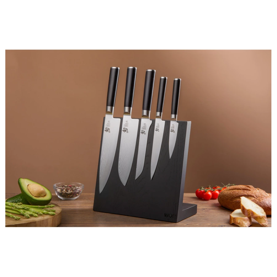 Набор 5 дамасских ножей KAI Шан Классик на магнитной подставке, черный дуб, п/к