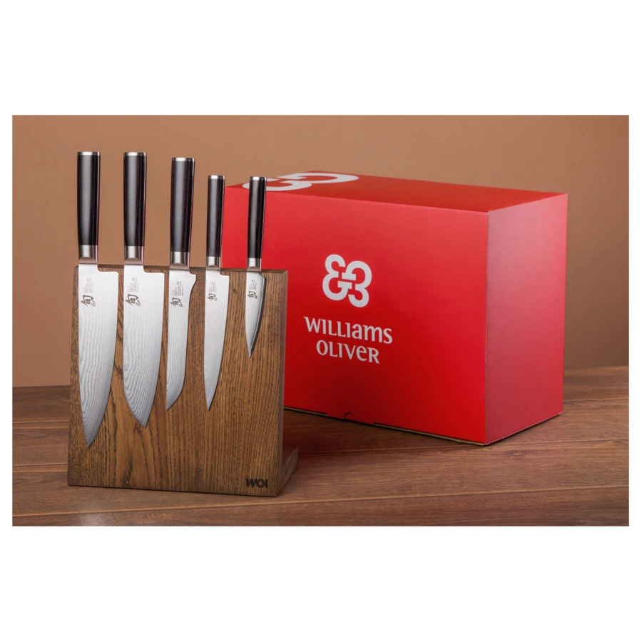 Набор 5 дамасских ножей KAI Шан Классик на магнитной подставке, черный дуб, п/к