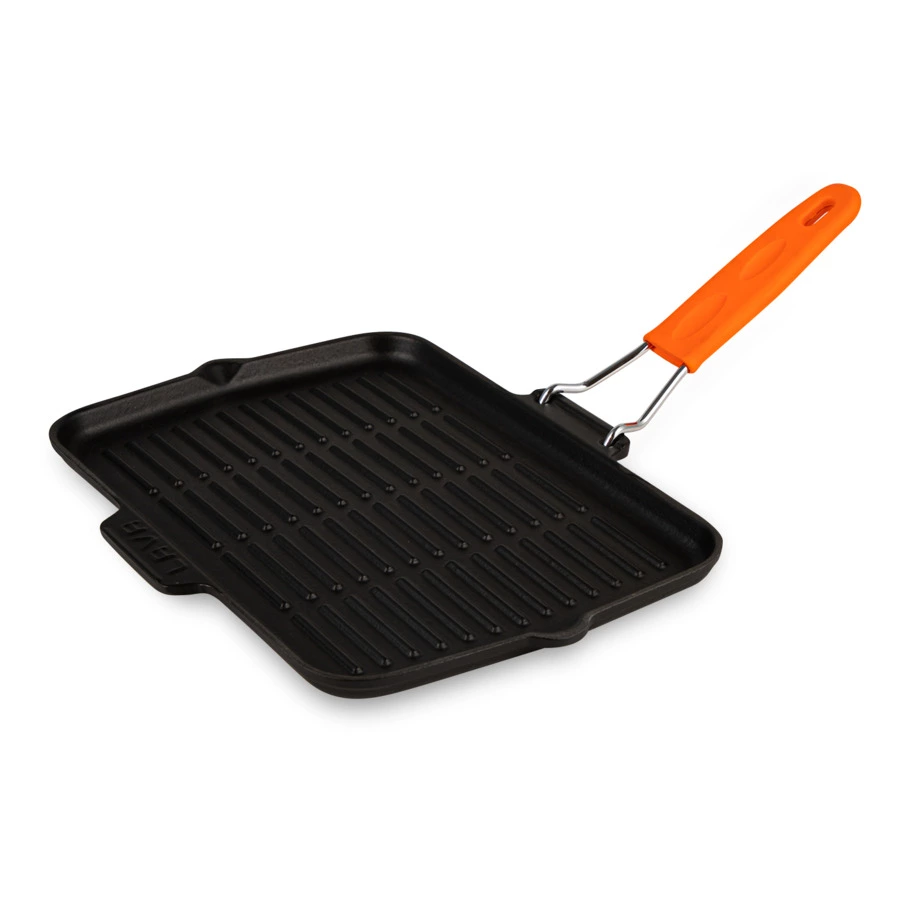 Сковорода-гриль прямоугольная LAVA 21х30 см,  с силиконовой ручкой, чугун, оранжевая