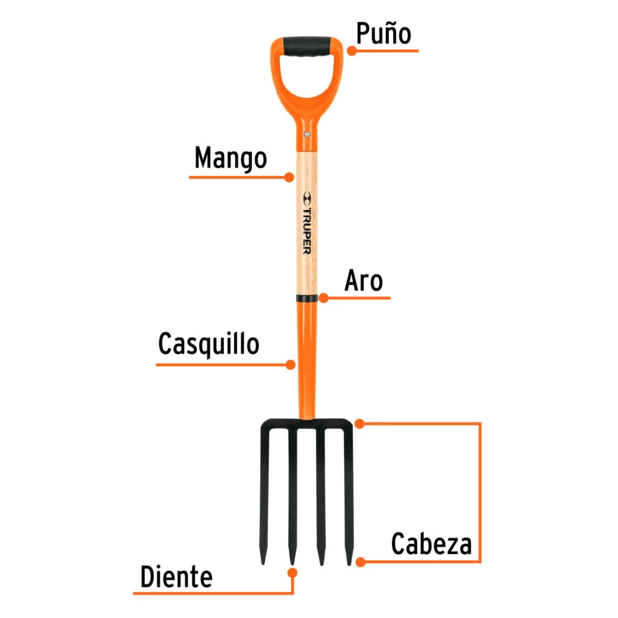 Вилы садовые Truper 17х100 см, D-ручка пластик, черенок дерево 73 см, BBPJ-4 11003
