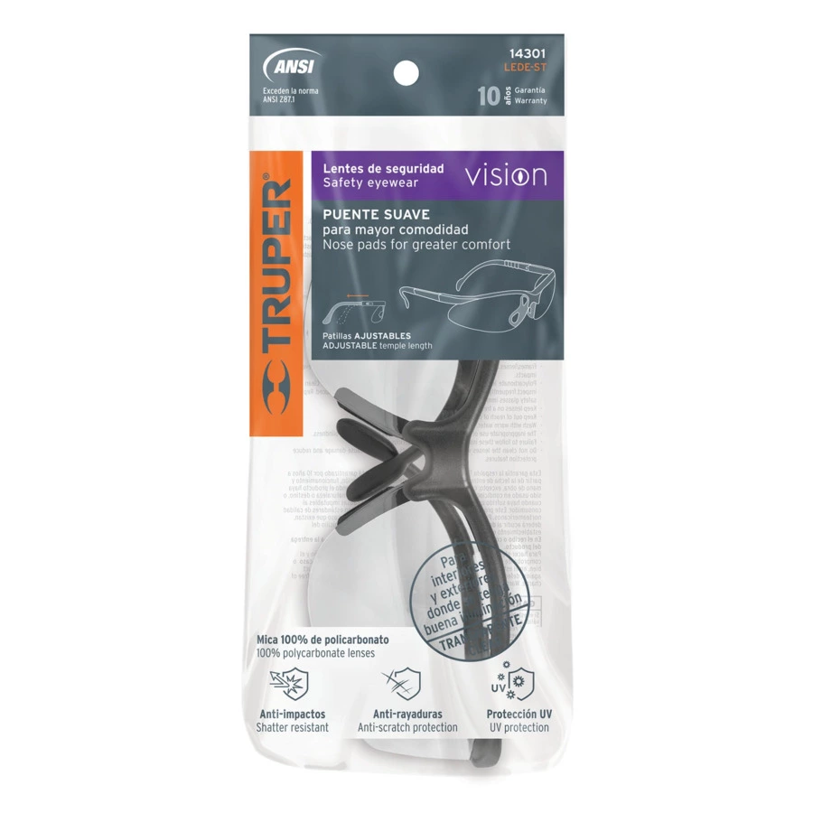 Очки защитные с регулировкой дужек Truper Vision, прозрачные, 14301