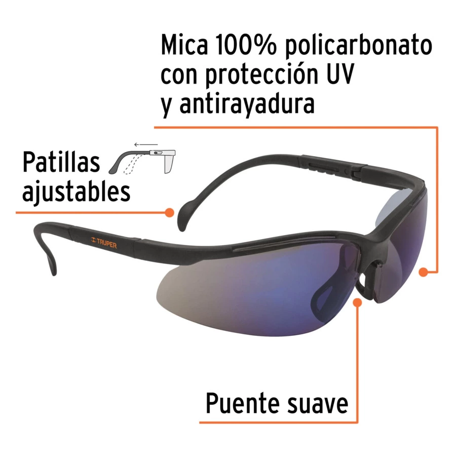 Очки защитные с регулировкой дужек Truper Vision синие зеркальные 10826