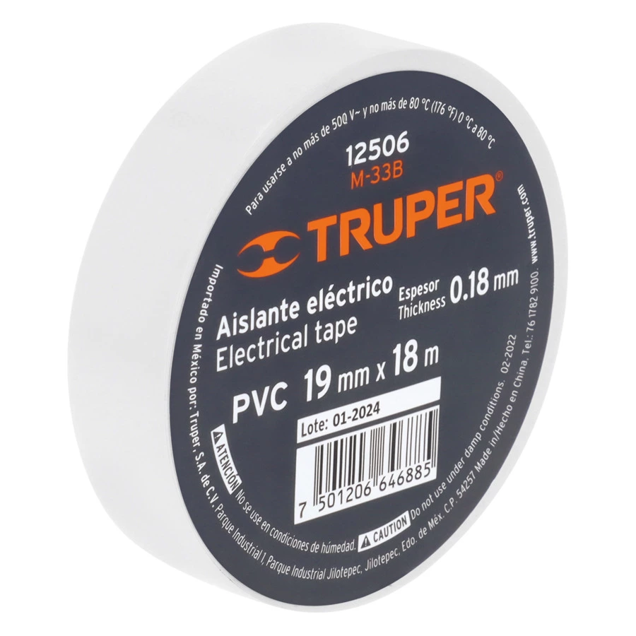 Изолента Truper 19 мм х 18 м, ПВХ с клеевым акриловым слоем, белая, M-33B 12506