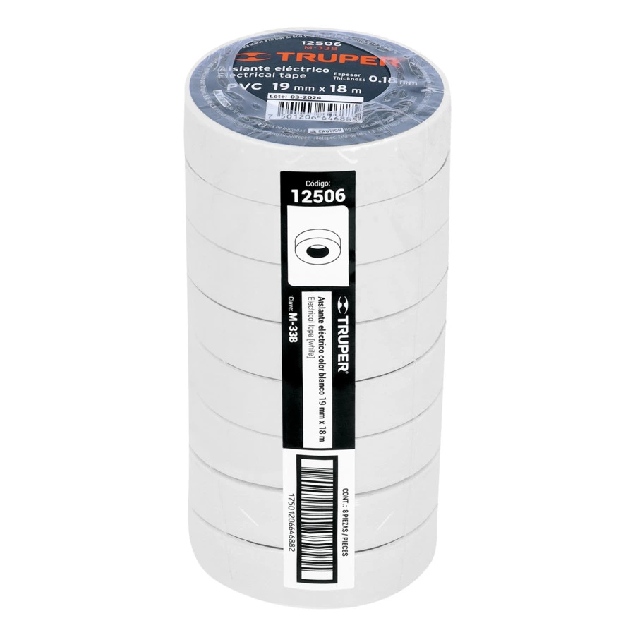 Изолента Truper 19 мм х 18 м, ПВХ с клеевым акриловым слоем, белая, M-33B 12506
