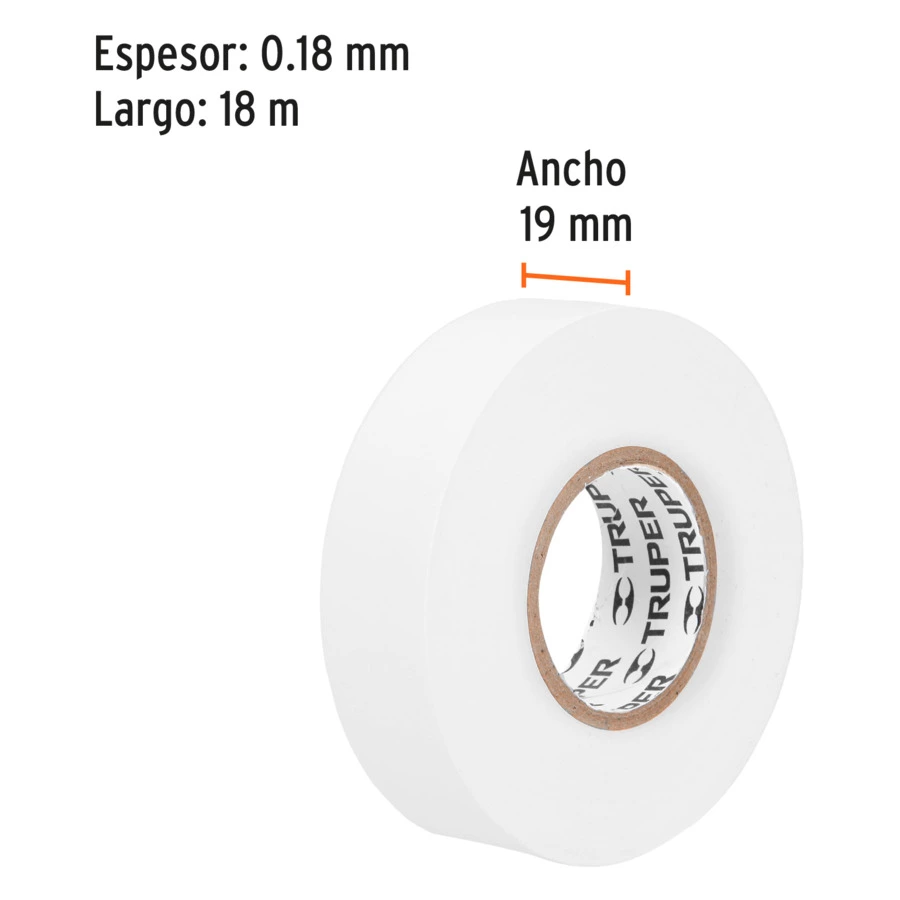 Изолента Truper 19 мм х 18 м, ПВХ с клеевым акриловым слоем, белая, M-33B 12506