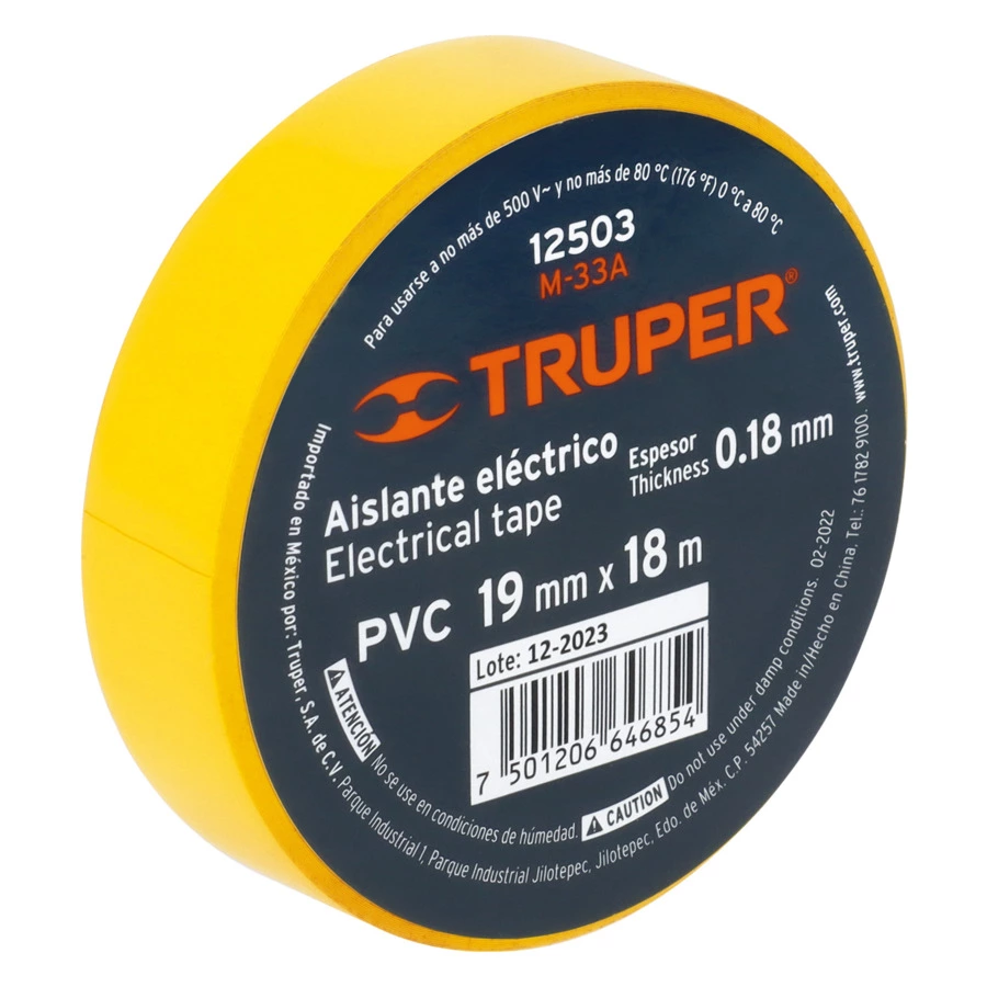 Изолента Truper 19 мм х 18 м, ПВХ с клеевым акриловым слоем, желтая, M-33А 12503