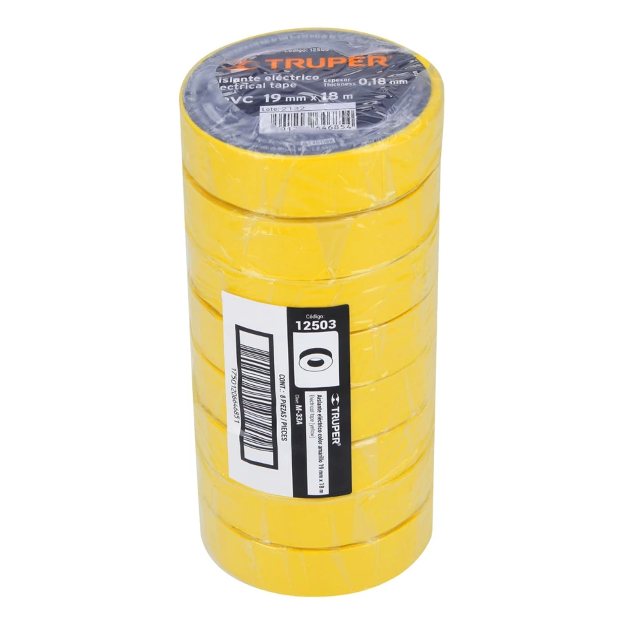 Изолента Truper 19 мм х 18 м, ПВХ с клеевым акриловым слоем, желтая, M-33А 12503