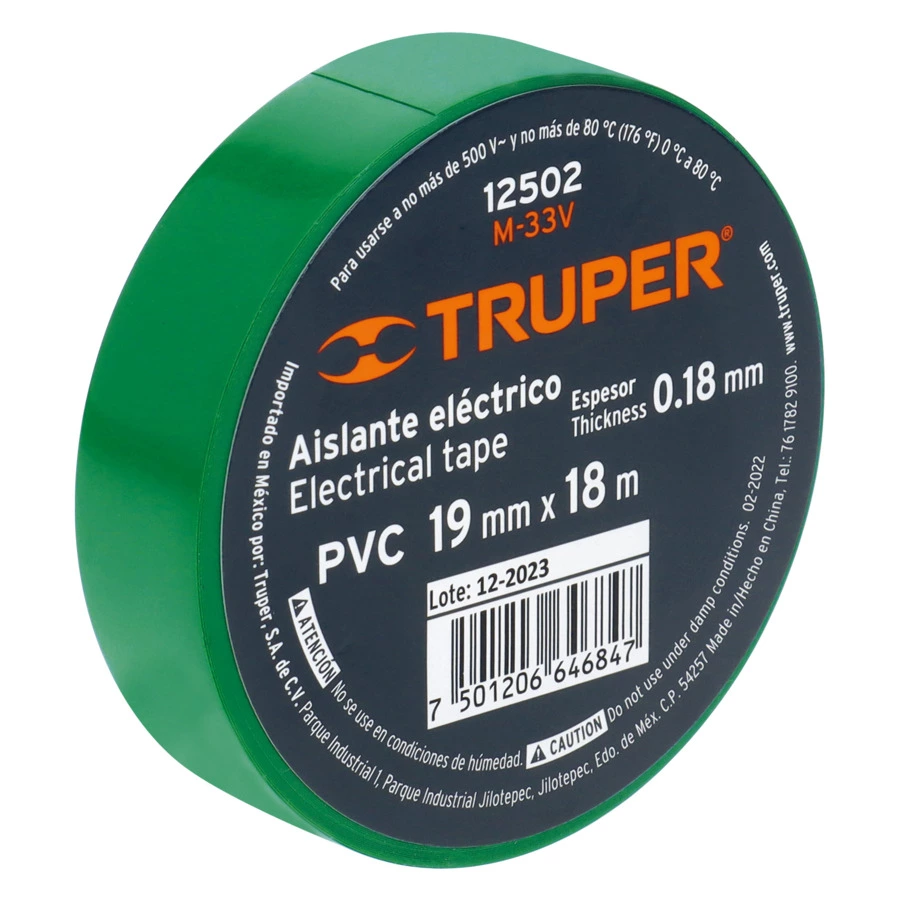 Изолента Truper 19 мм х 18 м, ПВХ с клеевым акриловым слоем, зеленая, M-33V 12502