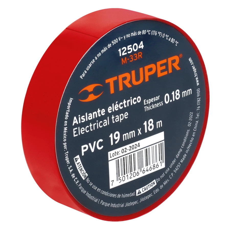 Изолента Truper 19 мм х 18 м, ПВХ с клеевым акриловым слоем, красная, M-33R 12504