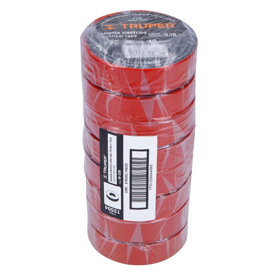 Изолента Truper 19 мм х 18 м, ПВХ с клеевым акриловым слоем, красная, M-33R 12504
