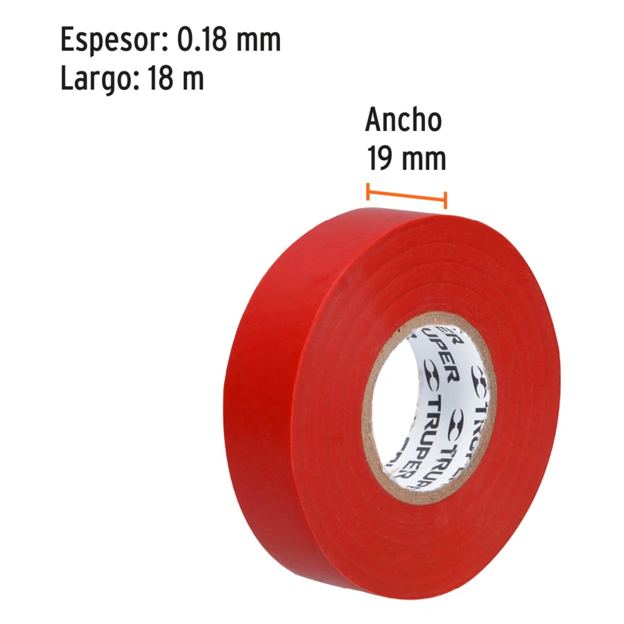 Изолента Truper 19 мм х 18 м, ПВХ с клеевым акриловым слоем, красная, M-33R 12504