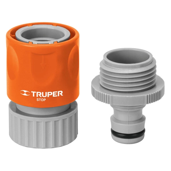 Коннектор с аквастопом для шланга 3/4" с адаптером Truper, ABS-пластик, оранжевый, 12722