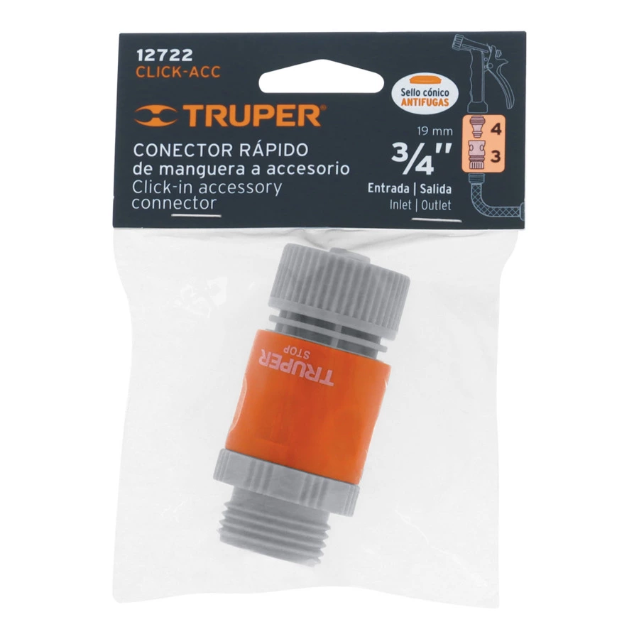 Коннектор с аквастопом для шланга 3/4" с адаптером Truper, ABS-пластик, оранжевый, 12722