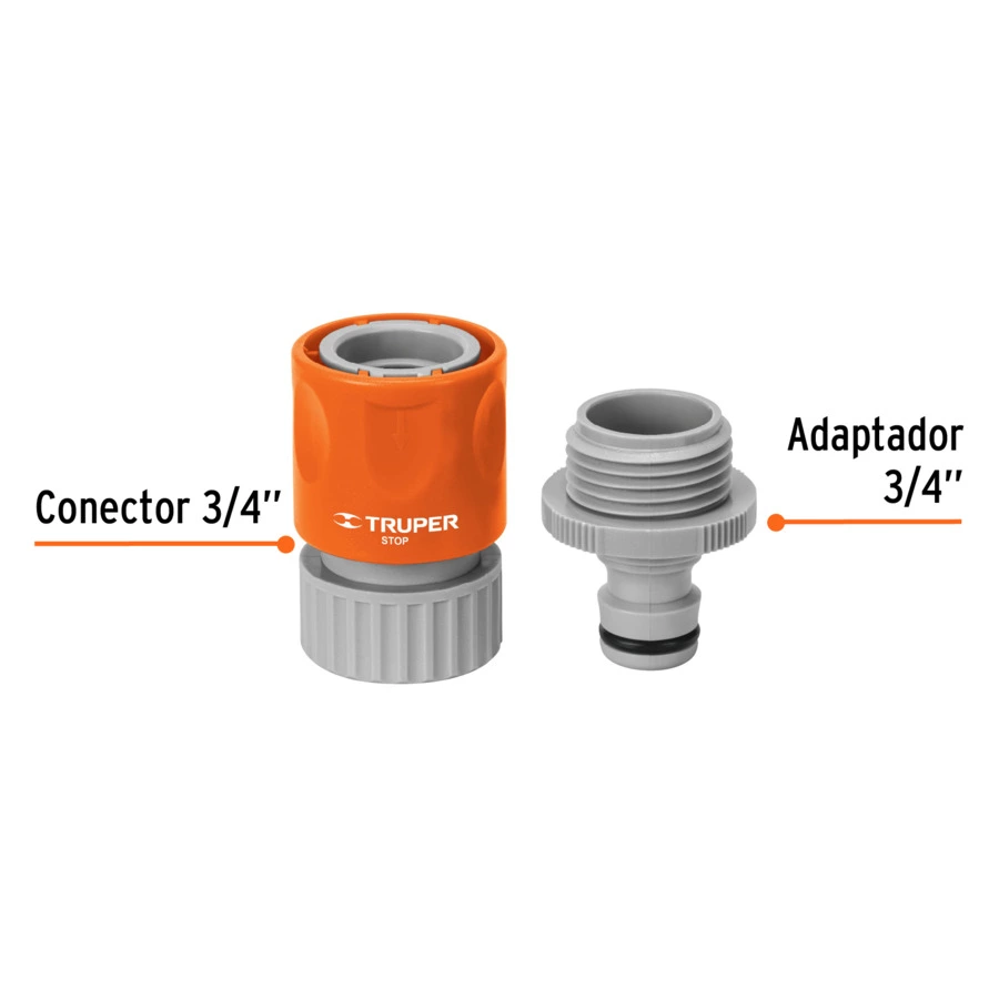 Коннектор с аквастопом для шланга 3/4" с адаптером Truper, ABS-пластик, оранжевый, 12722