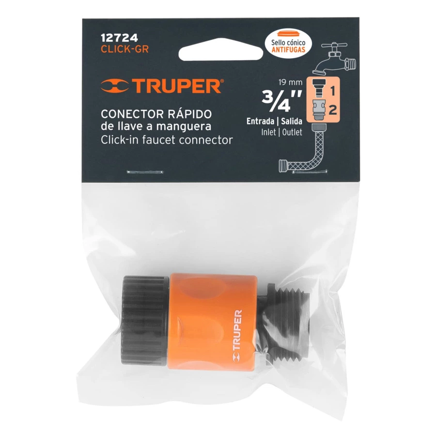 Коннектор для шланга 3/4" с адаптером Truper, ABS-пластик, оранжевый, 12724