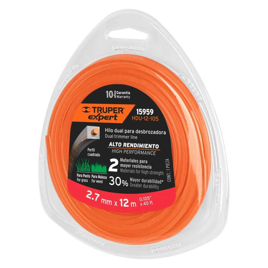 Леска для триммера Truper Expert d2,7 мм, 12 м, оранжевая, полимер, 15959