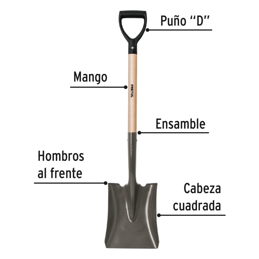 Лопата совковая Pretul ковш 23х30 см, D-ручка дерево, длина 98 см, 17176