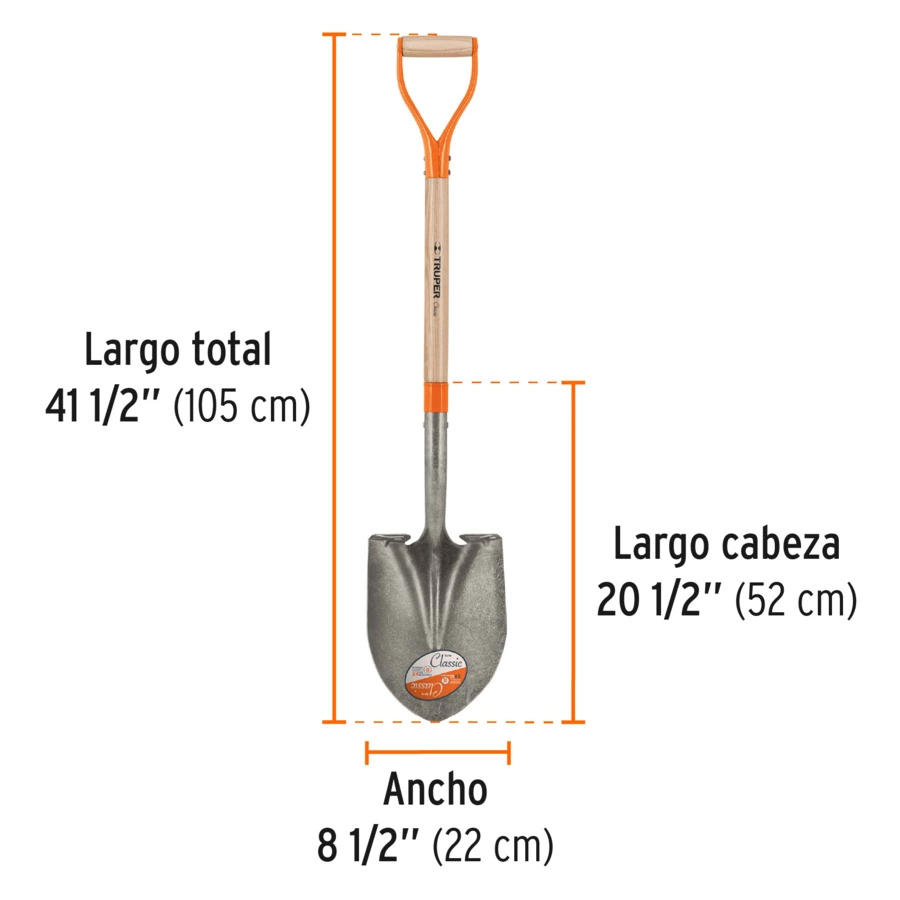 Лопата штыковая Truper ковш 22х29 см, D-ручка дерево 102 см, 11154