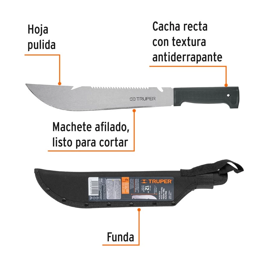 Мачете двустороннее с чехлом Truper Рэмбо 30 см, стальное лезвие и садовая пила, 15870