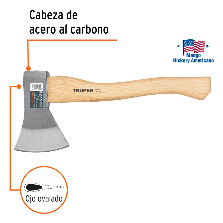 Топор Truper 0,57 кг, ручка американский орех, 36 см, сталь кованая, 14954
