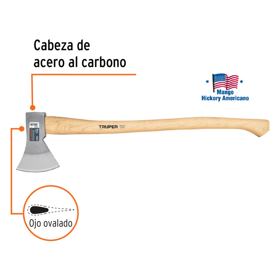 Топор европейский Truper 1 кг, ручка американский орех, 70 см, сталь кованая, 101768