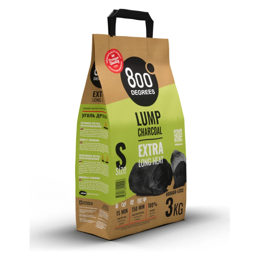 Уголь кусковой древесный 800 Degrees Долгое Горение 3 кг