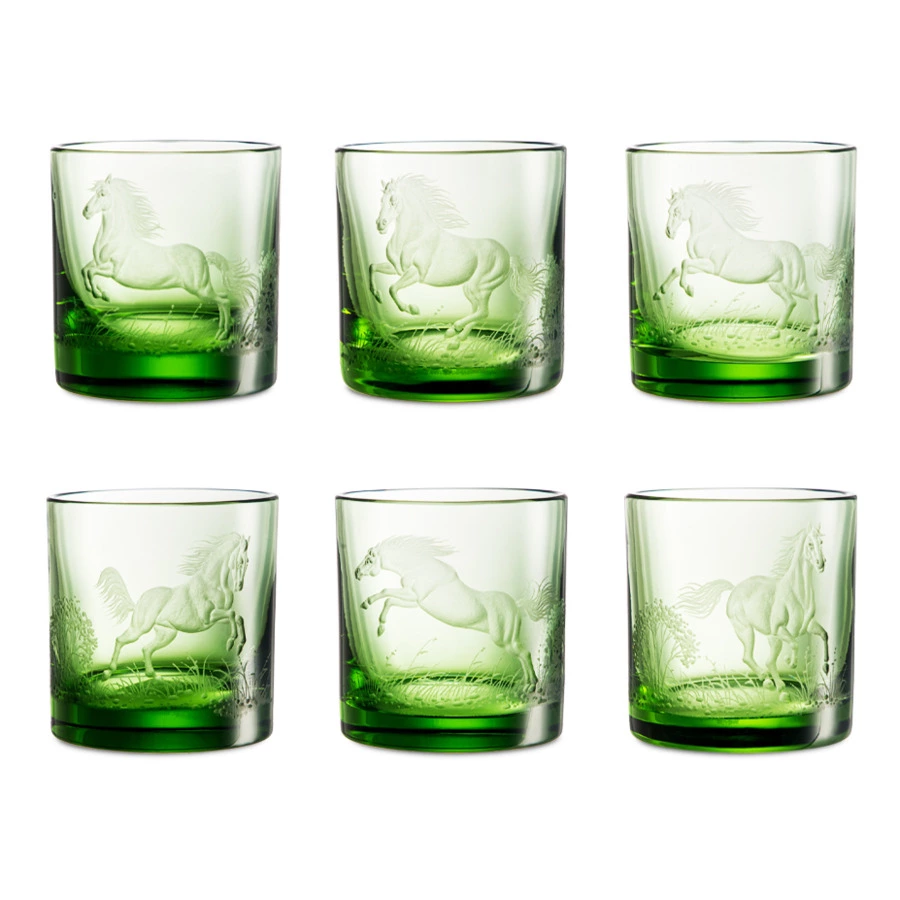 Набор стаканов для виски в футляре ГХЗ Лошади 350 мл, 6 шт, хрусталь, болотный