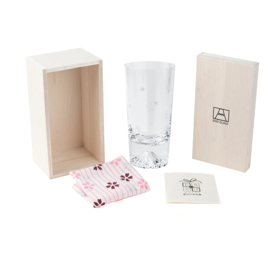 Стакан Tajima Glass Фудзи Сакура Кирико 400 мл, стекло, деревянная коробка