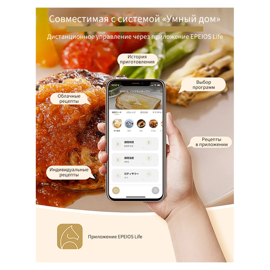 Умная печь-аэрогриль EPEIOS Epicure+, 6-в-1 на 14 л, 1700 Вт, EPAO249, черная