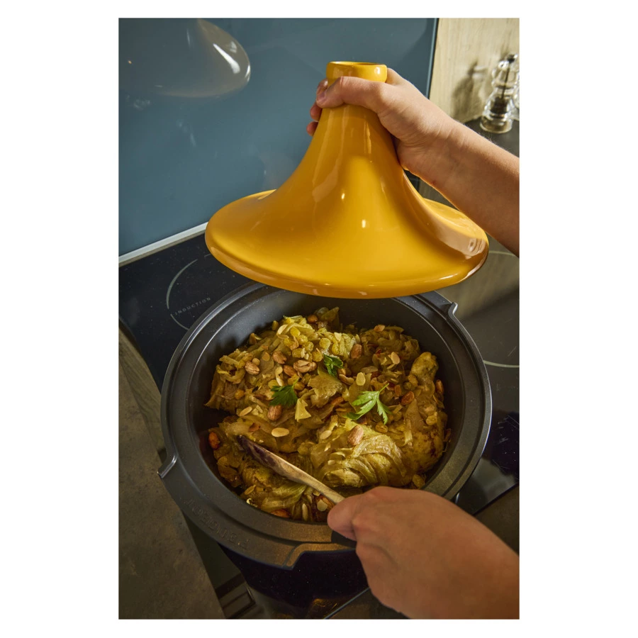 Тажин антипригарный для индукции Peugeot Atlas Yellow Д33хН23 см, кованый алюминий, крышка керамика,