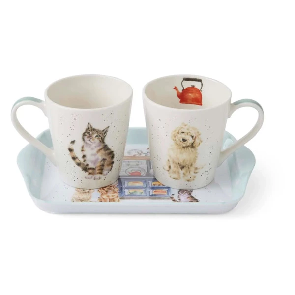 Набор из 2 кружек 180 мл на подносе Pimpernel Забавная фауна Деревенская кухня 20х18 см, 2 шт