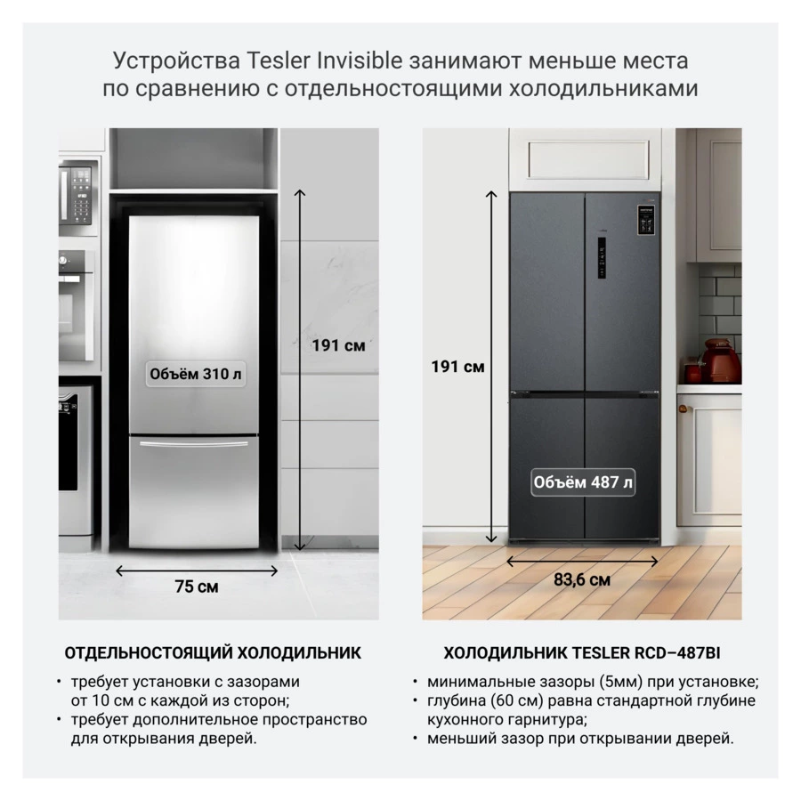 Холодильник двухкамерный TESLER RCD-487BI SPARKLING GREY 485 л, клас А++, 83,6х60х191 см, серый