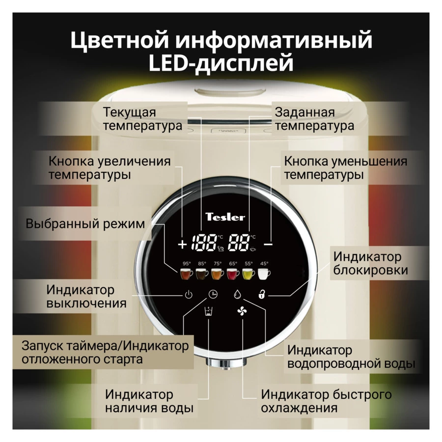 Термопот TESLER Margherita TP-5050 BEIGE 5 л, 1200 Вт, 22.5х29х37.5 см, бежевый