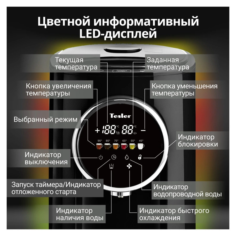 Термопот TESLER TP-5050 BLACK 5 л, 1200 Вт, 22.5х29х37.5 см, черный