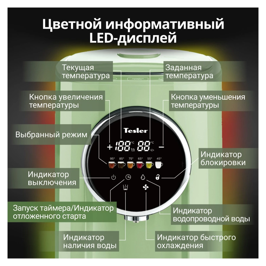 Термопот TESLER TP-5050 GREEN 5 л, 1200 Вт, 22.5х29х37.5 см, зеленый
