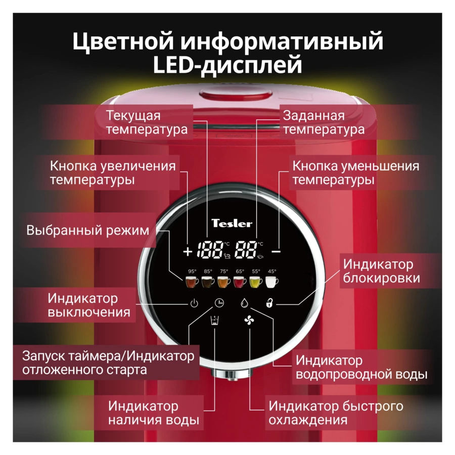 Термопот TESLER TP-5050 RED 5 л, 1200 Вт, 22.5х29х37.5 см, красный