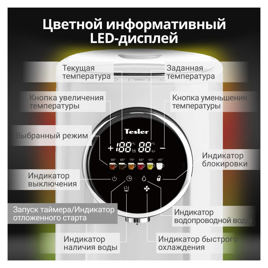 Термопот TESLER TP-5050 WHITE 5 л, 1200 Вт, 22.5х29х37.5 см, белый