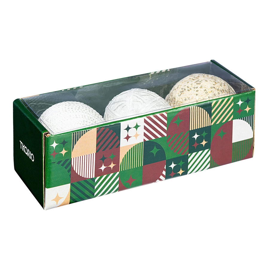 Набор елочных шаров Tkano New Year Essential White elegance, 10 см,  3 шт, PP, хлопок, нейлон