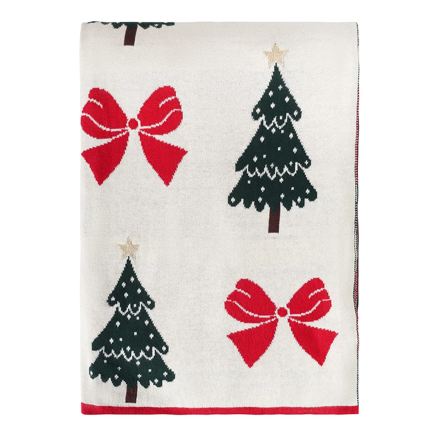 Плед из хлопка с новогодним рисунком Tkano Christmas Bows New Year Essential, 130x180 см